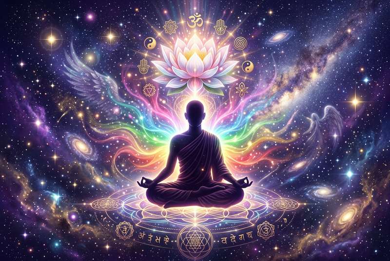 Persona meditando en naturaleza con luz dorada que representa la transformación y conexión espiritual interior.