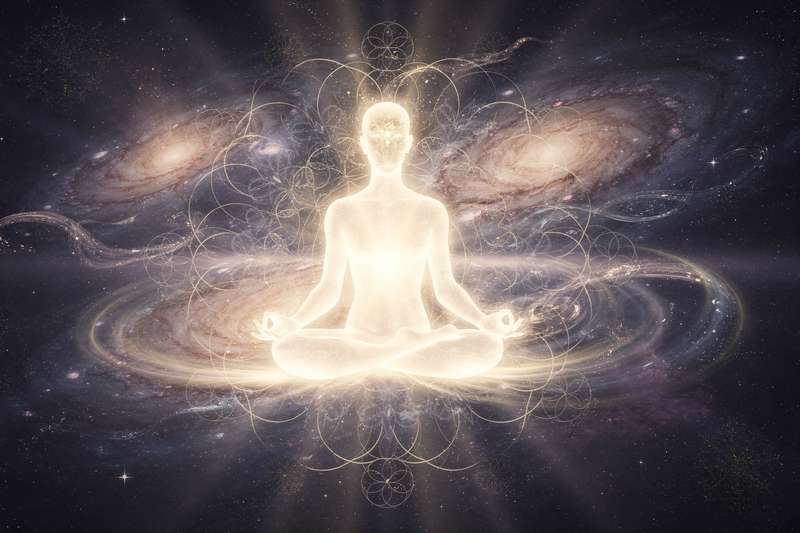 Persona meditando en la naturaleza con luz dorada iluminando su rostro sereno y tranquilo.