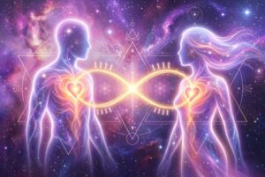 Dos siluetas de personas conectadas por hilos de luz dorada en un fondo cósmico que representa la conexión espiritual entre...