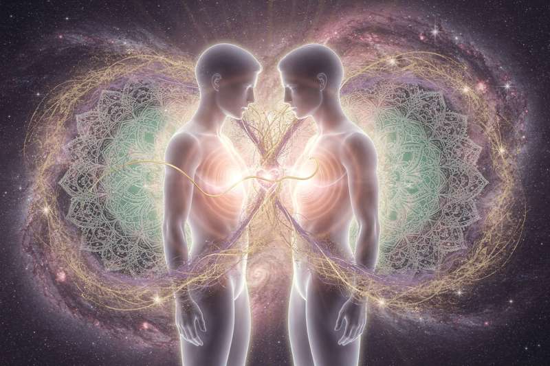 Dos siluetas luminosas frente a frente conectadas por un hilo de luz dorada que simboliza la unión espiritual profunda.