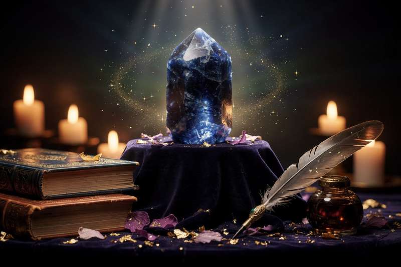 Cristal violeta y azulado de dumortierita sobre fondo blanco que representa paciencia y serenidad.