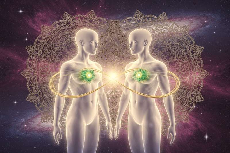 Dos personas conectadas espiritualmente en un camino de transformación y encuentro del alma gemela.