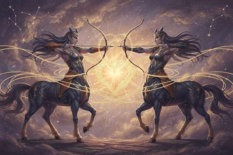 Dos Sagitario unidos en una relación con energía, libertad y aventura compartida en el amor.