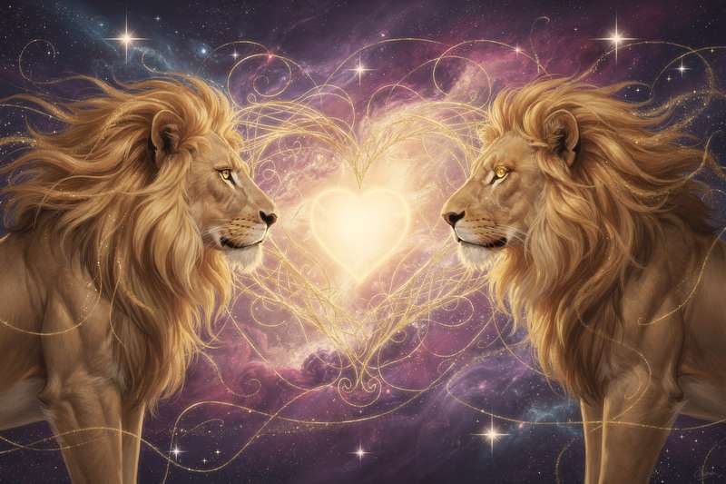 Dos figuras majestuosas de leones frente a frente bajo una corona dorada en el cielo nocturno estrellado.