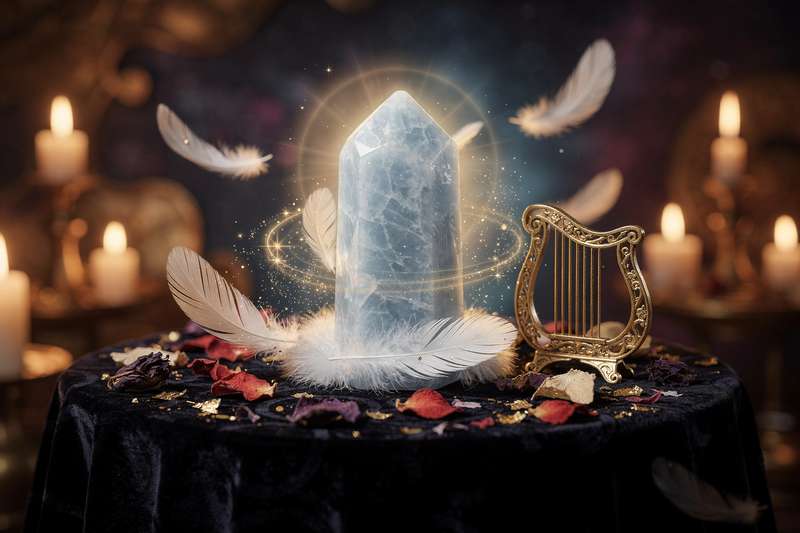 Piedra de angelita pulida de color azul pálido sobre superficie blanca, utilizada para conectar con guías espirituales.