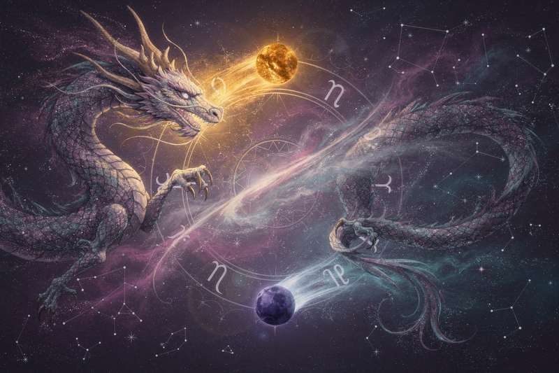 Representación simbólica de los nodos lunares en la carta astral que guían el propósito espiritual y la evolución del alma.