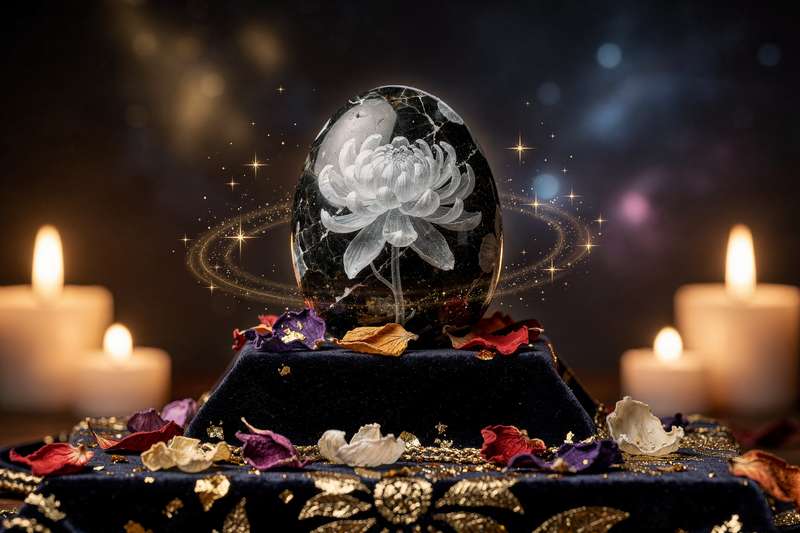 Piedra crisantemo con patrones florales blancos y negros que simbolizan la alegría y el cumplimiento de objetivos personales.