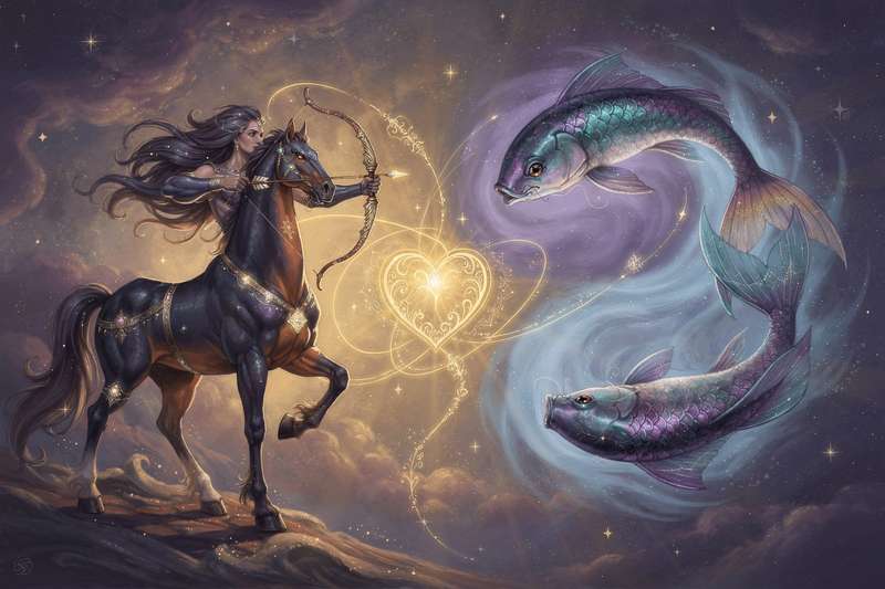 Dos figuras zodiacales en armonía representando la conexión emocional y aventurera entre Sagitario y Piscis.
