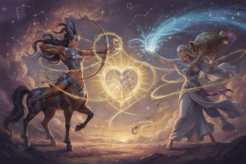 Pareja de signos zodiacales Sagitario y Acuario disfrutando de una conexión armoniosa bajo el cielo estrellado.