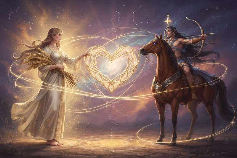 Pareja formada por un hombre Sagitario apasionado y una mujer Virgo analítica bajo un cielo estrellado.