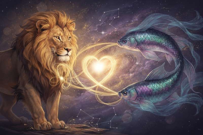 Pareja de signos zodiacales Leo y Piscis explorando su conexión astrológica entre elementos opuestos.