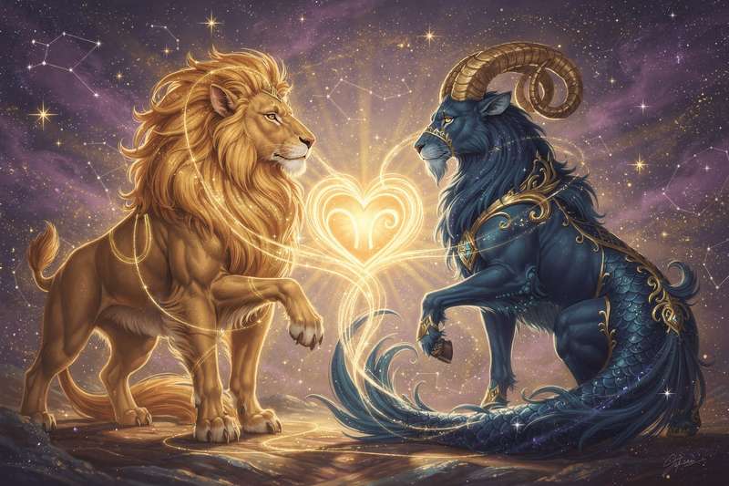 Pareja observando las estrellas mientras sus signos zodiacales Leo y Capricornio brillan en el cielo nocturno.