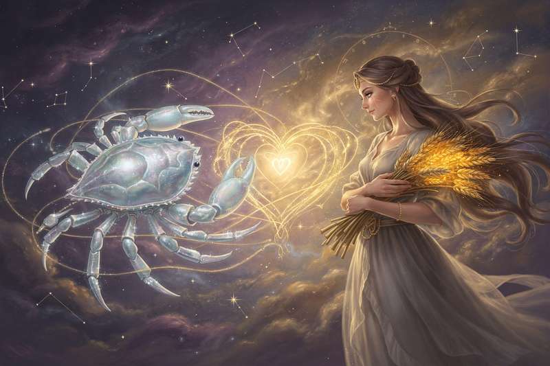 Pareja de signos zodiacales Cáncer y Virgo explorando su conexión emocional y mental en armonía.