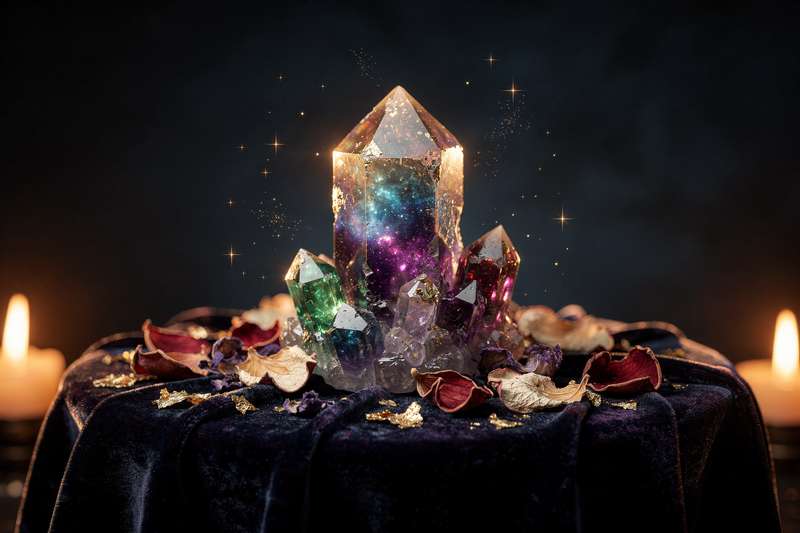 Piedra de luna arcoíris mostrando destellos iridiscentes sobre superficie oscura que representan su energía mágica.