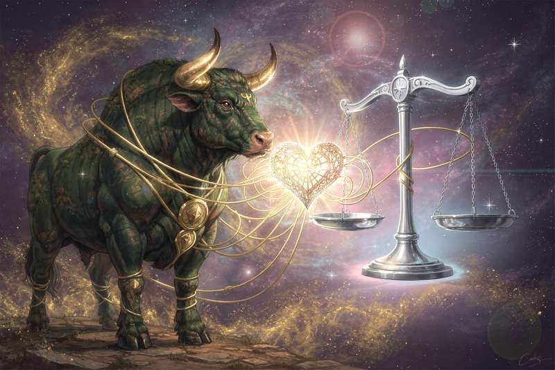 Pareja de signos zodiacales Tauro y Libra analizando su compatibilidad amorosa bajo la influencia del planeta Venus.