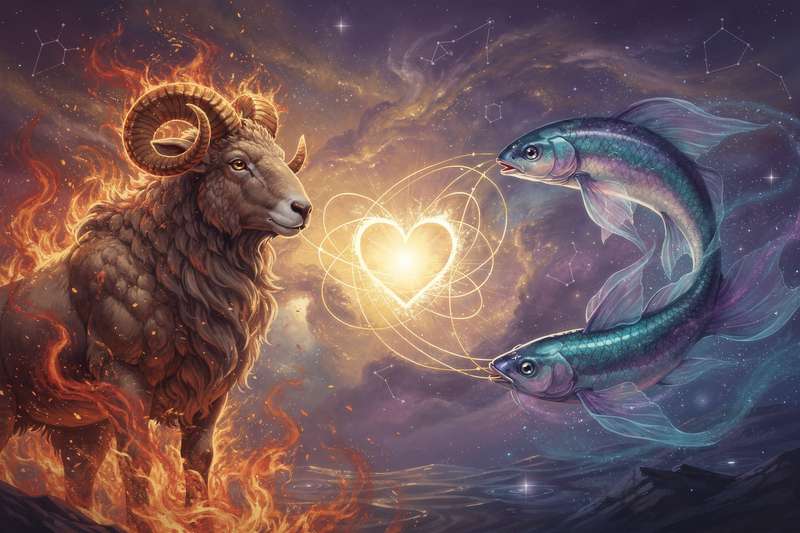 Pareja de signos zodiacales Aries y Piscis explorando su conexión amorosa entre fuego y agua.