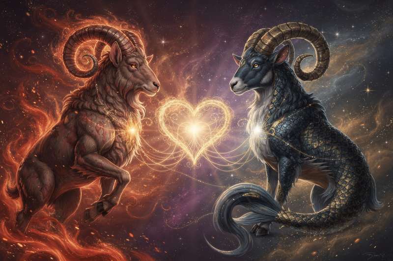 Pareja de signos zodiacales opuestos donde la pasión impulsiva de Aries choca con la ambición controlada de Capricornio.