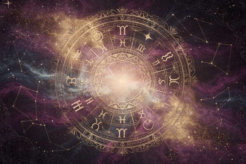 Pareja de enamorados rodeada de símbolos del zodiaco representando la conexión armónica entre Tauro y Piscis.