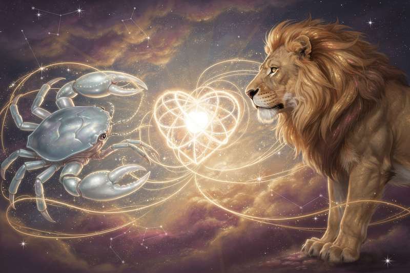 Pareja de signos zodiacales Cáncer y Leo explorando su conexión emocional y apasionada bajo la influencia lunar y solar.