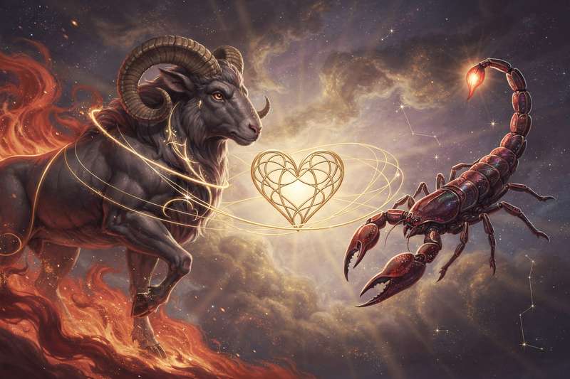 Pareja de signos zodiacales Aries y Escorpio explorando su afinidad astrológica en una relación romántica.