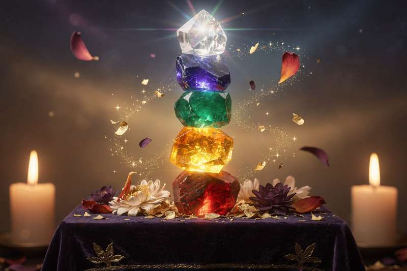 Cristales de colores alineados representando los siete chakras del cuerpo energético.