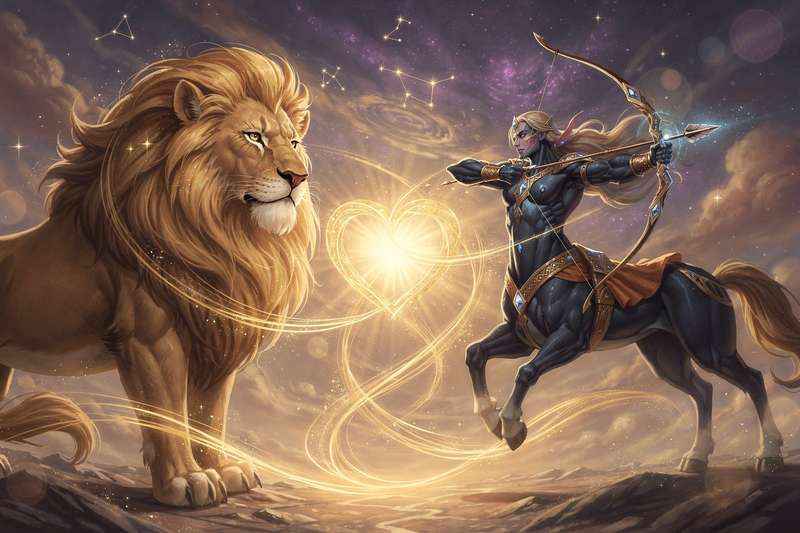 Pareja de signos zodiacales Leo y Sagitario compartiendo una conexión apasionada y energética.