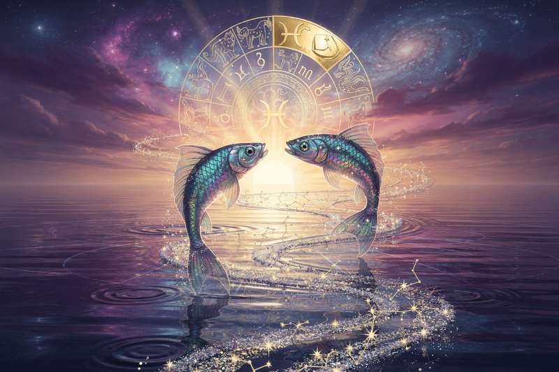 Calendario astrológico con símbolos del zodíaco y la constelación de Piscis destacada para el año 2026.