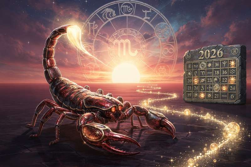 Representación astrológica del signo Escorpio con energías cósmicas que simbolizan transformación personal y evolución durante...