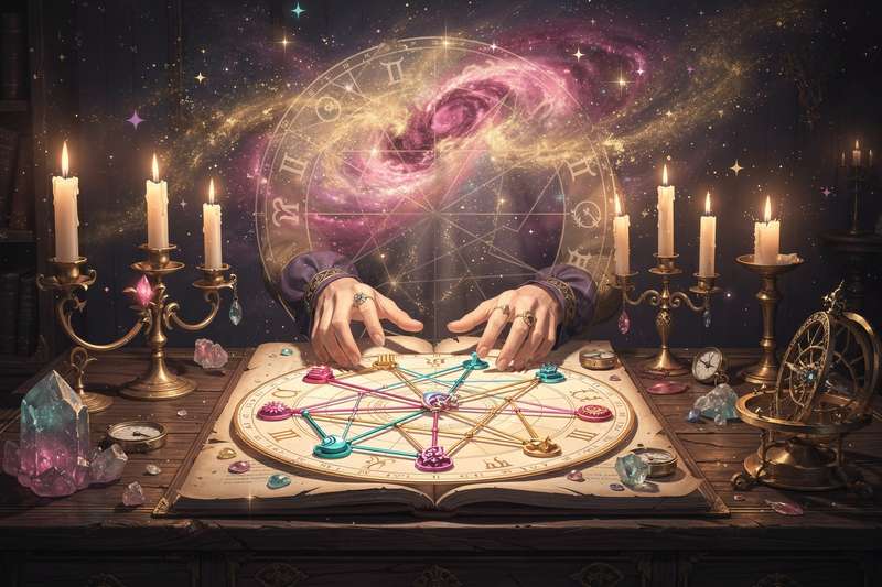 Representación de los aspectos astrológicos entre planetas en una carta natal con líneas de conexión y símbolos zodiacales.