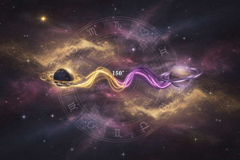 Diagrama circular que muestra la posición de dos planetas separados por un ángulo de ciento cincuenta grados en la carta astral.
