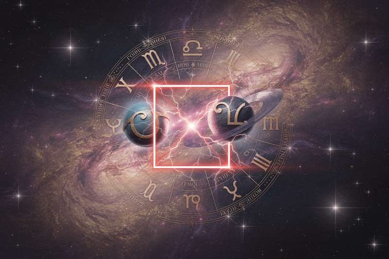 Dos planetas formando un ángulo de noventa grados en la rueda zodiacal, simbolizando la fricción dinámica entre fuerzas...
