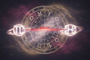 Diagrama circular del zodiaco mostrando dos signos astrológicos en posición opuesta separados por ciento ochenta grados.