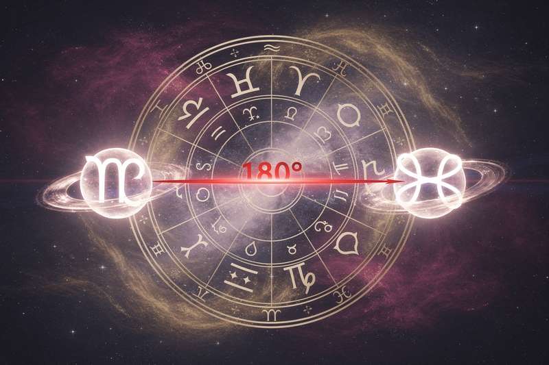 Diagrama circular del zodiaco mostrando dos signos astrológicos en posición opuesta separados por ciento ochenta grados.