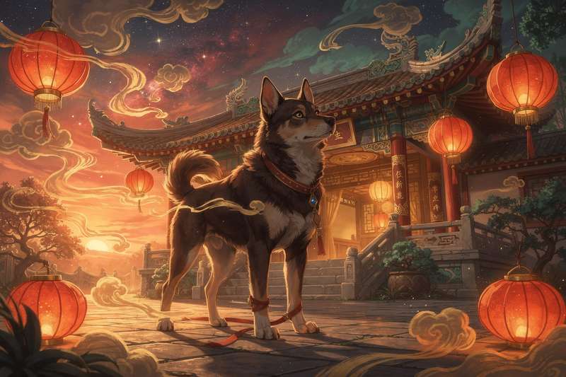 Representación simbólica del signo del perro en astrología china con sus características de lealtad y protección.