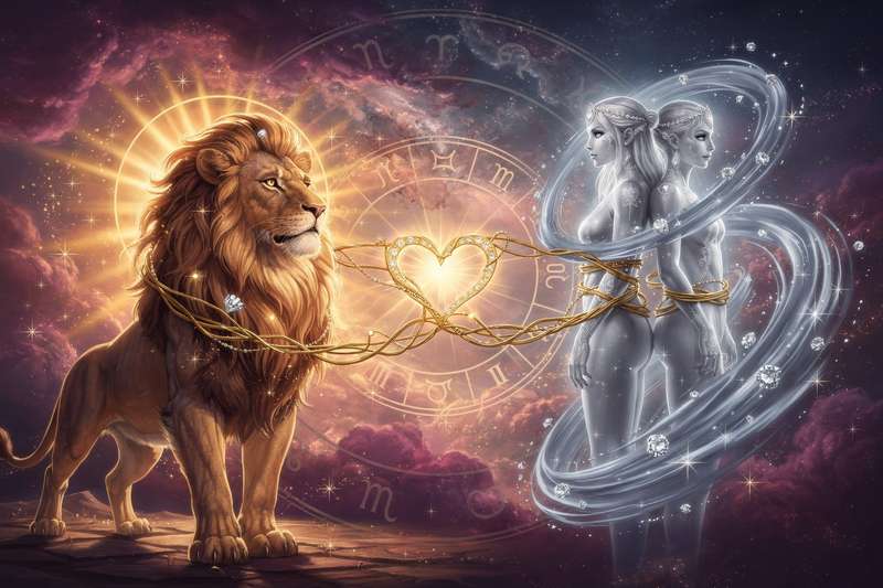 Pareja de signos zodiacales Leo y Géminis disfrutando de una conexión armoniosa bajo las constelaciones.