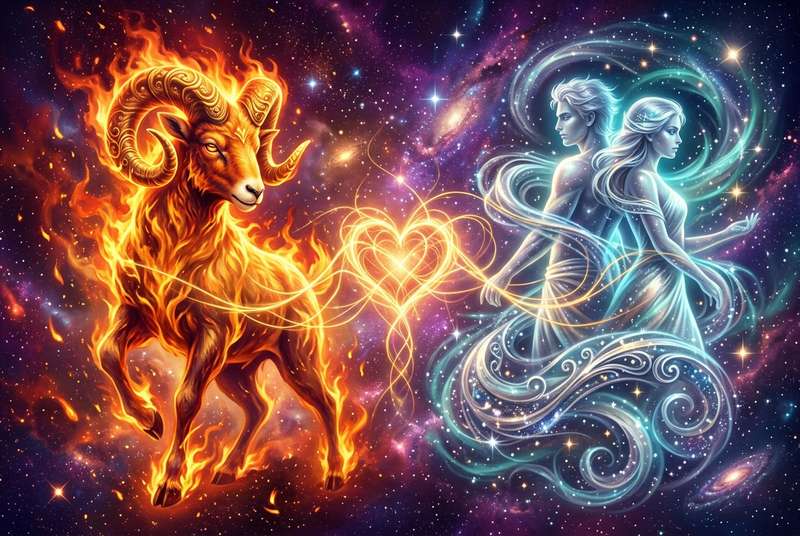 Pareja de signos zodiacales con energía dinámica y compatibilidad astrológica representada por símbolos de fuego y aire en...