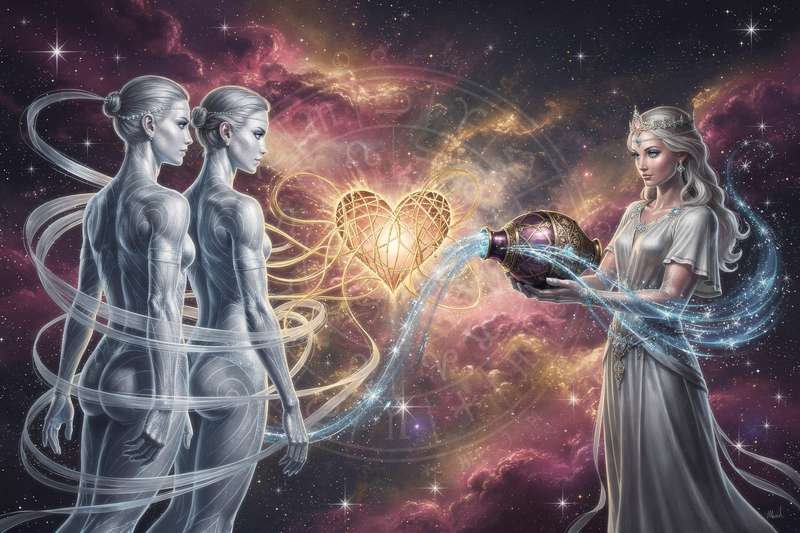 Dos signos de aire alineados en el cielo nocturno representando la conexión intelectual entre Géminis y Acuario.