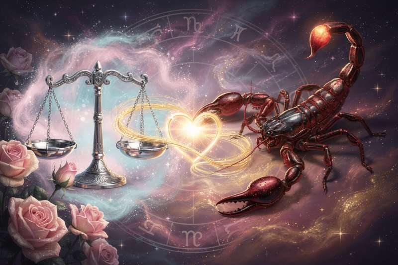 Dos figuras abstractas en tonos azules y rojos que simbolizan la dinámica entre la armonía y la pasión de estos signos zodiacales.