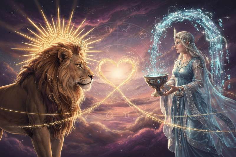 Pareja de signos zodiacales opuestos explorando la química entre el fuego apasionado de Leo y el aire innovador de Acuario.