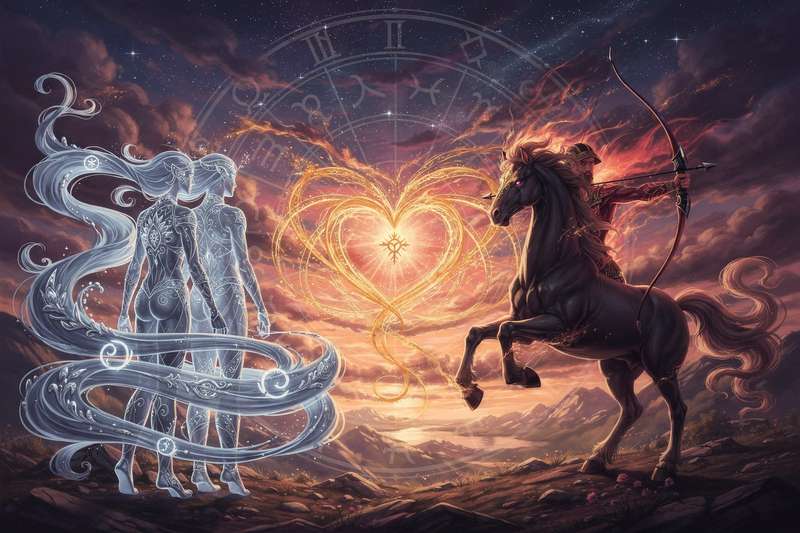 Pareja de signos zodiacales opuestos compartiendo conversación y energía intelectual bajo el cielo estrellado.