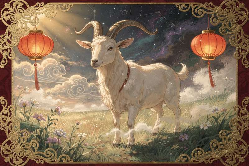Representación artística de la cabra en el zodiaco chino con símbolos de suerte y elementos astrológicos asociados.
