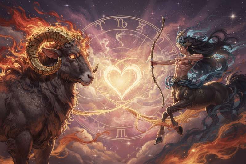Dos figuras dinámicas y apasionadas representando la conexión celestial entre el carnero y el arquero del zodiaco.