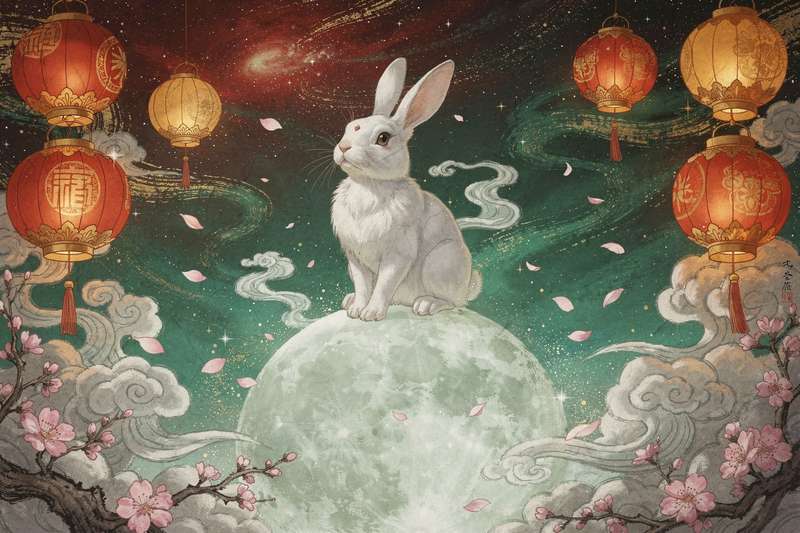 Representación artística del signo del Conejo en la rueda del zodiaco chino con símbolos astrológicos tradicionales.
