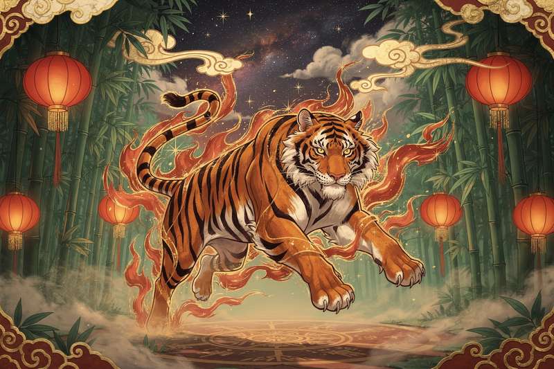 Representación del signo del Tigre en el zodiaco chino con sus características principales y símbolos asociados.