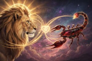 Encuentro astrológico entre el fuego apasionado de Leo y la intensidad emocional de Escorpio en el amor.