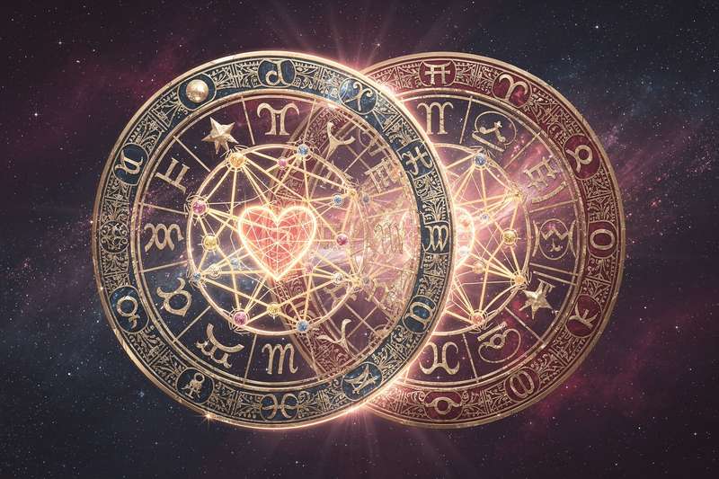 Dos cartas astrales superpuestas mostrando las posiciones planetarias para analizar la compatibilidad entre dos personas.