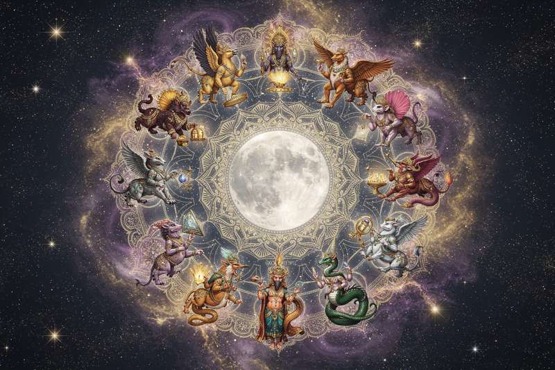 Rueda circular con los 27 nakshatras representados en sánscrito, mostrando las divisiones de la órbita lunar en la tradición...