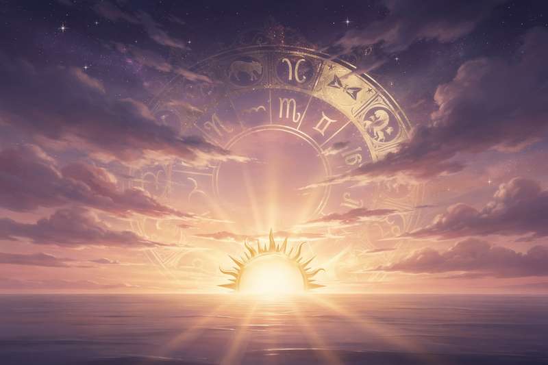 Representación visual de la carta astral con el círculo zodiacal y la posición del ascendente en el horizonte oriental.