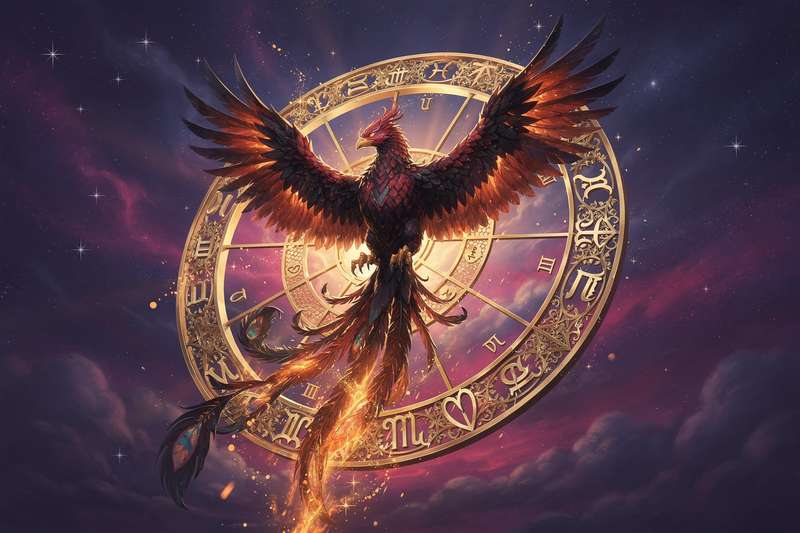 Representación simbólica de la octava casa astrológica con elementos de transformación cósmica y renovación espiritual.