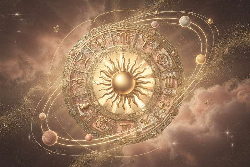 Representación gráfica de una carta astral circular con los doce signos zodiacales y sus posiciones planetarias en el momento...